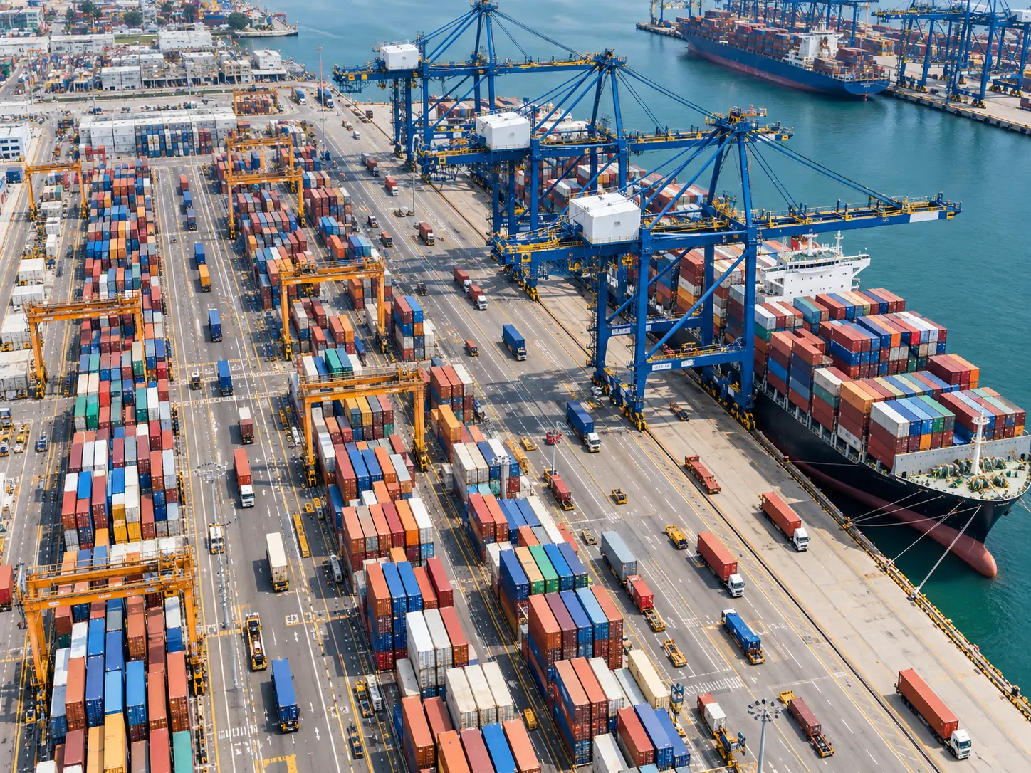 Illustrative aerial view of container ships and blue cranes at a port.